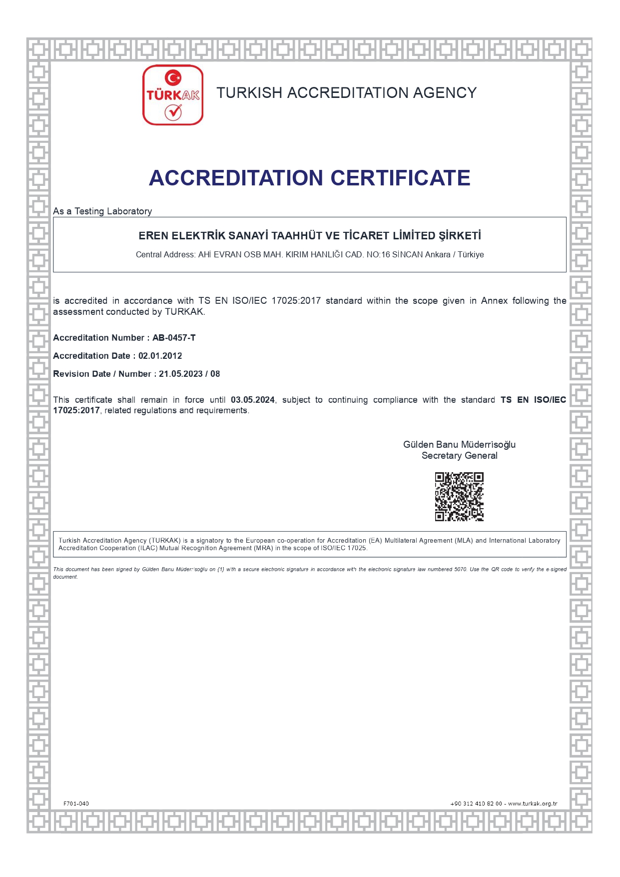 TÜRKAK Accreditation Certificate