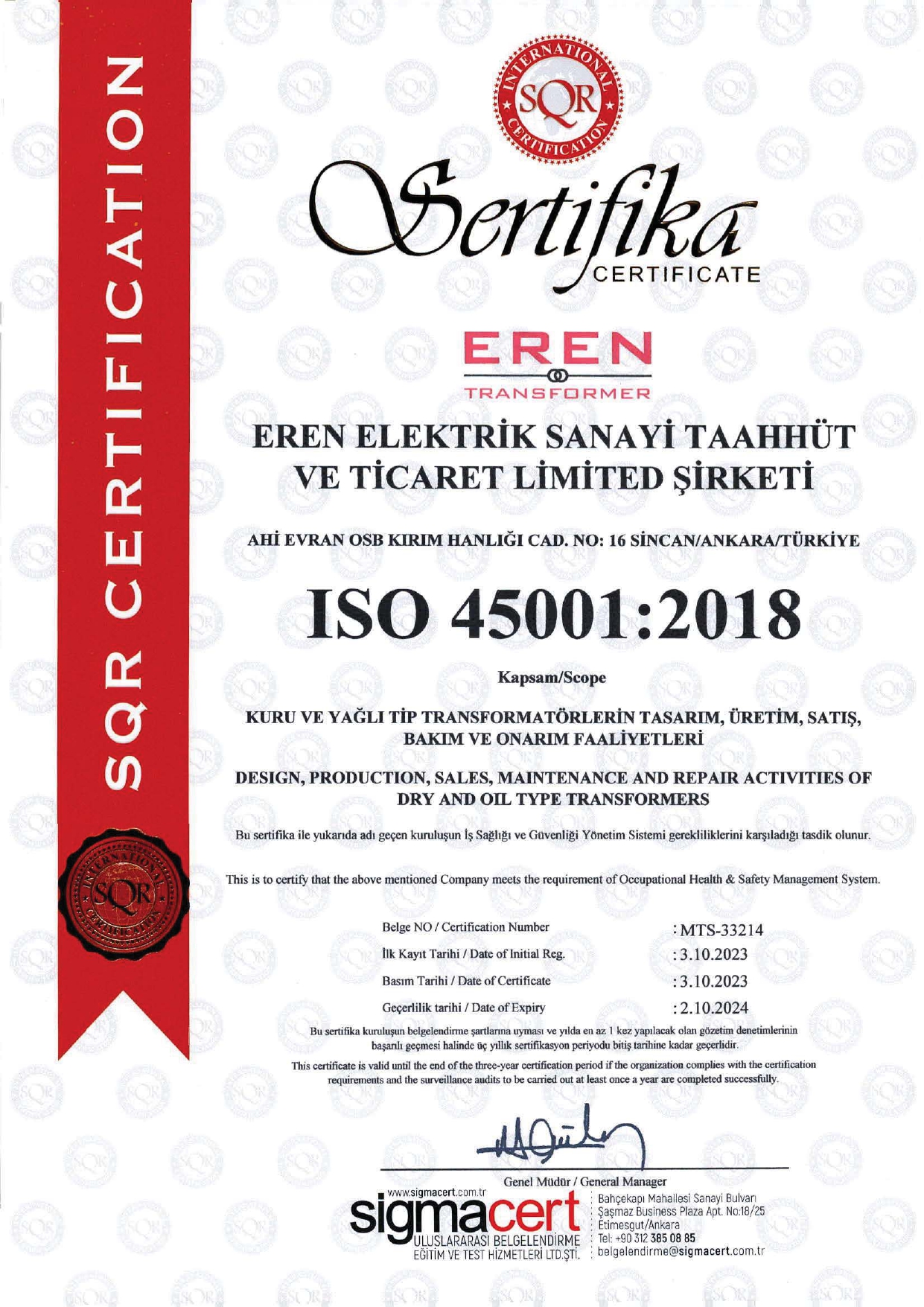 ISO 45001 İş Sağlığı ve Güvenliği Yönetim Sistemi Sertifikası